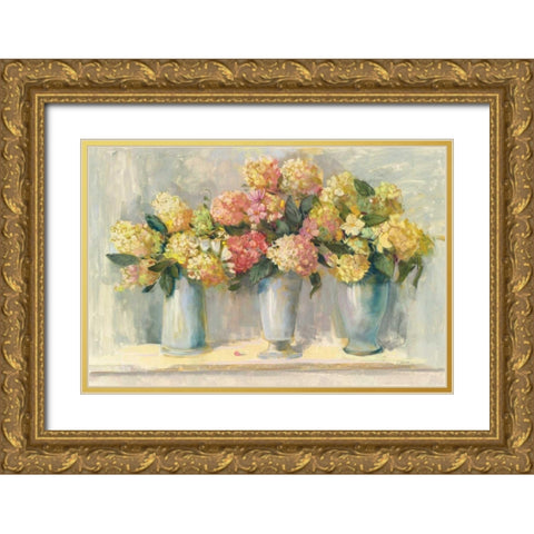 Ivory and Blush Hydrangea Bouquets Gold Ornate Wood Framed Art Print with Double Matting by Rowan, Carol