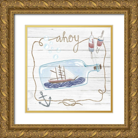 Ship in a Bottle Ahoy Shiplap Gold Ornate Wood Framed Art Print with Double Matting by Miller, Sara Zieve