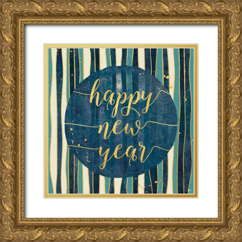 Coastal Lace Happy New Year Stripes Round Gold Ornate Wood Framed Art Print with Double Matting by Aiken, Jess