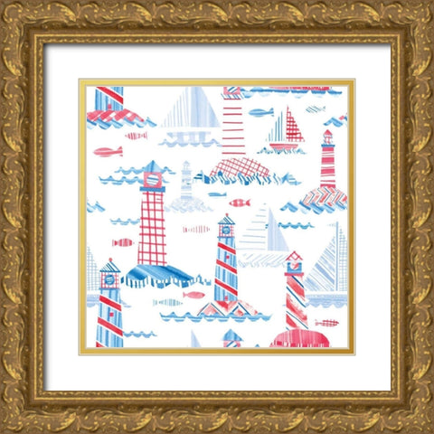 Coastal Americana Pattern VIII Gold Ornate Wood Framed Art Print with Double Matting by Averinos, Melissa