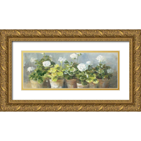 White Geraniums v2 Gold Ornate Wood Framed Art Print with Double Matting by Nai, Danhui
