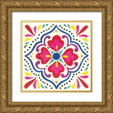 Floral Fiesta White Tile V Gold Ornate Wood Framed Art Print with Double Matting by Marshall, Laura