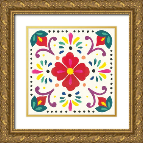 Floral Fiesta White Tile XII Gold Ornate Wood Framed Art Print with Double Matting by Marshall, Laura
