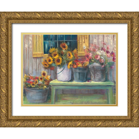 Green Bench Gold Ornate Wood Framed Art Print with Double Matting by Rowan, Carol