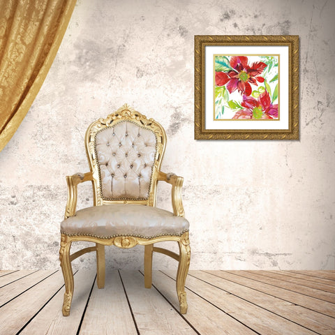 Poinsettia Pretty I Gold Ornate Wood Framed Art Print with Double Matting by Rice, Kristy