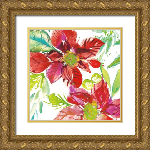 Poinsettia Pretty I Gold Ornate Wood Framed Art Print with Double Matting by Rice, Kristy