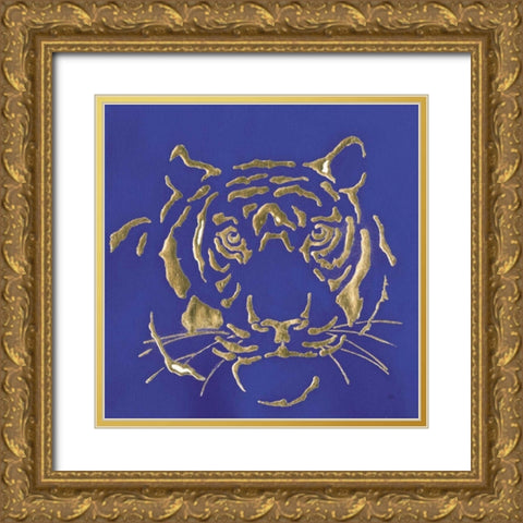 Gilded Tiger Indigo Gold Ornate Wood Framed Art Print with Double Matting by Paschke, Chris