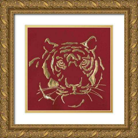 Gilded Tiger on Red Gold Ornate Wood Framed Art Print with Double Matting by Paschke, Chris