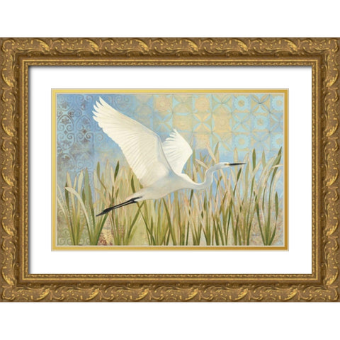 Snowy Egret in Flight v2 Gold Ornate Wood Framed Art Print with Double Matting by Lovell, Kathrine