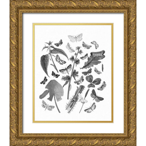 Butterfly Bouquet III Linen BW III Gold Ornate Wood Framed Art Print with Double Matting by Wild Apple Portfolio