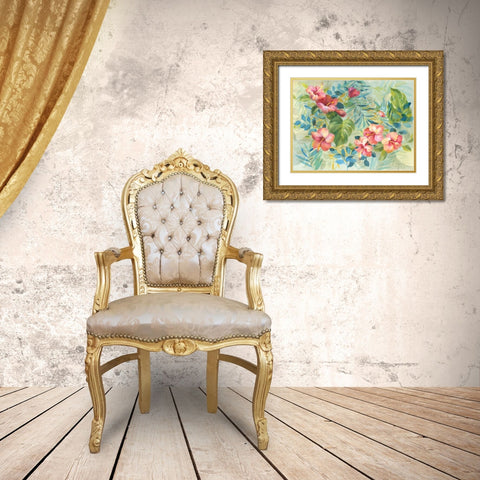 Hibiscus Garden Gold Ornate Wood Framed Art Print with Double Matting by Nai, Danhui