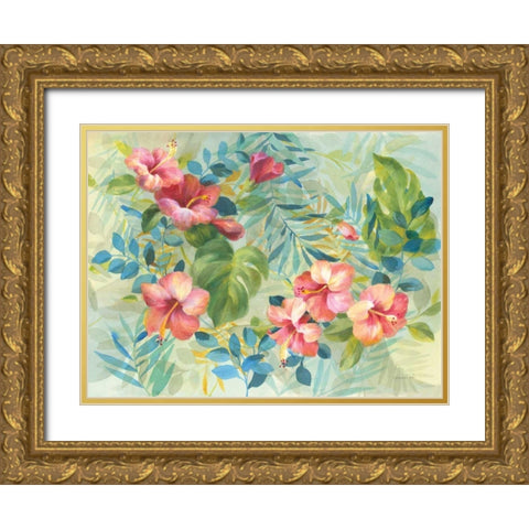 Hibiscus Garden Gold Ornate Wood Framed Art Print with Double Matting by Nai, Danhui