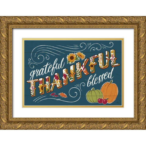 Thankful I Blue Gold Ornate Wood Framed Art Print with Double Matting by Penner, Janelle