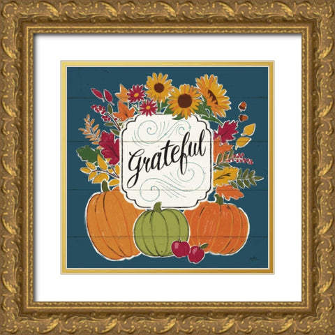Thankful II Blue Gold Ornate Wood Framed Art Print with Double Matting by Penner, Janelle