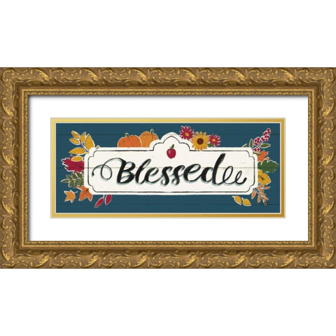 Thankful V Blue Gold Ornate Wood Framed Art Print with Double Matting by Penner, Janelle