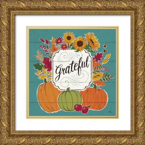 Thankful II Turquoise Gold Ornate Wood Framed Art Print with Double Matting by Penner, Janelle