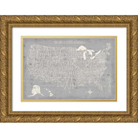 Hand Lettered USA Map Gray Gold Ornate Wood Framed Art Print with Double Matting by Mullan, Michael
