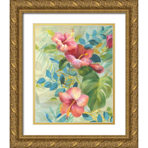 Hibiscus Garden II Gold Ornate Wood Framed Art Print with Double Matting by Nai, Danhui