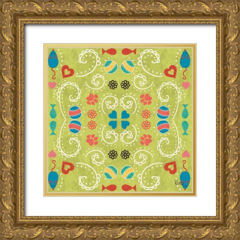 Otomi Cats Step 01D Gold Ornate Wood Framed Art Print with Double Matting by Charron, Veronique