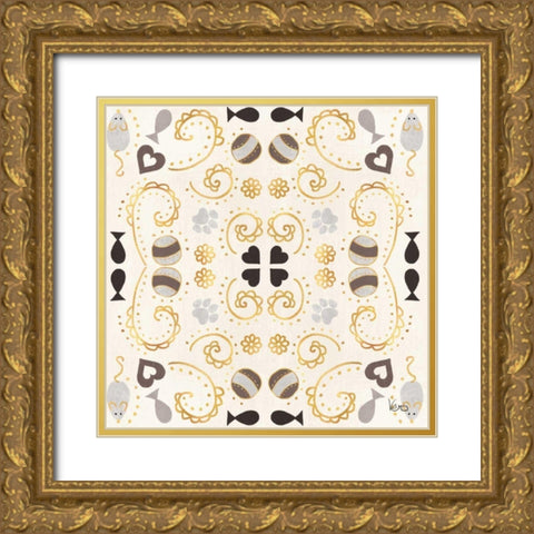 Otomi Cats Step 01A Neutral Gold Ornate Wood Framed Art Print with Double Matting by Charron, Veronique