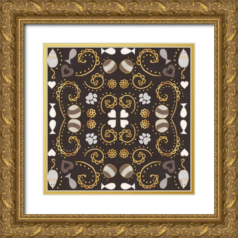 Otomi Cats Step 01B Neutral Gold Ornate Wood Framed Art Print with Double Matting by Charron, Veronique