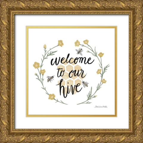 Happy to Bee Home III Welcome Gold Ornate Wood Framed Art Print with Double Matting by Miller, Sara Zieve