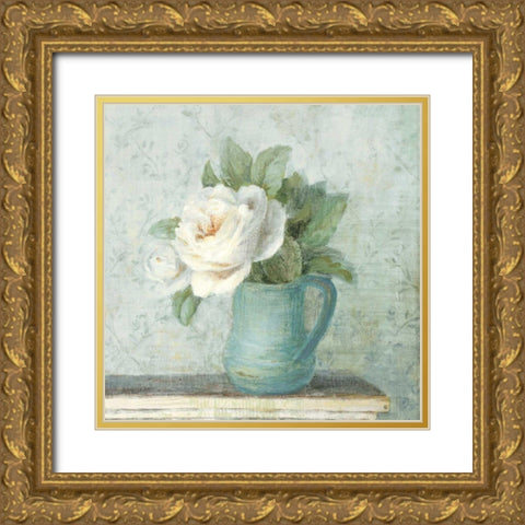 June Roses II White Blue Crop Gold Ornate Wood Framed Art Print with Double Matting by Nai, Danhui