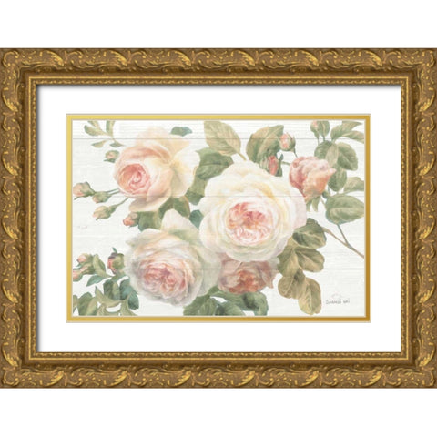 Vintage Roses White on Shiplap Crop Gold Ornate Wood Framed Art Print with Double Matting by Nai, Danhui