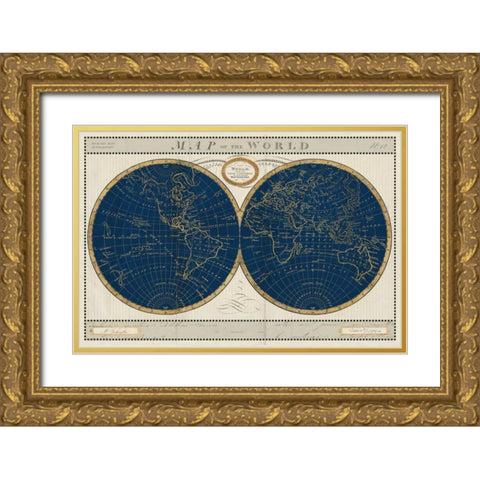 Torkingtons World Map Indigo Globes Gold Ornate Wood Framed Art Print with Double Matting by Schlabach, Sue