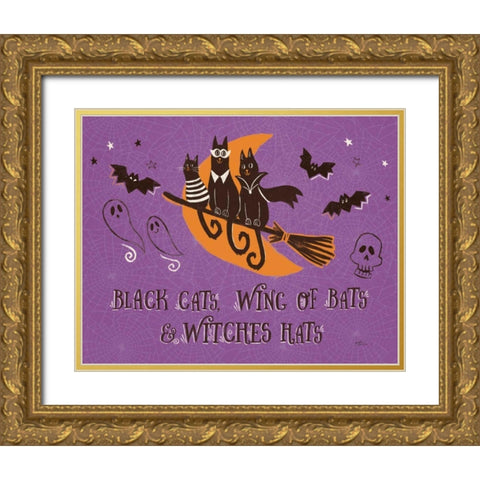 Spooktacular I Black Cats Purple Gold Ornate Wood Framed Art Print with Double Matting by Penner, Janelle