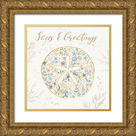 Seaside Blossoms IV Blue Greetings Gold Ornate Wood Framed Art Print with Double Matting by Aiken, Jess