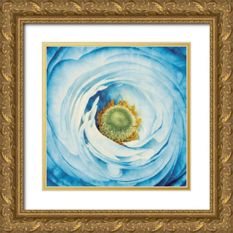 White Peony with Blue Gold Ornate Wood Framed Art Print with Double Matting by Aledanda