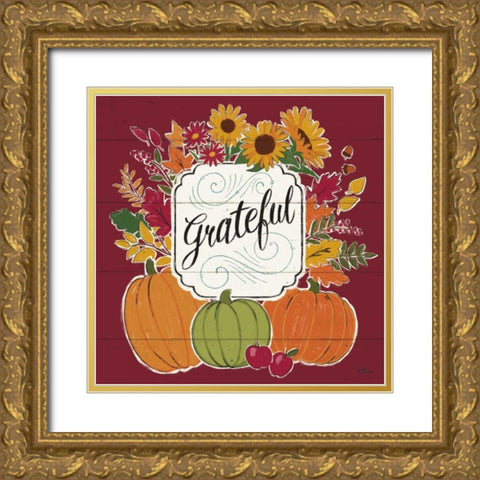 Thankful II Red Gold Ornate Wood Framed Art Print with Double Matting by Penner, Janelle