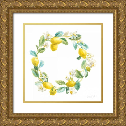 Floursack Lemon V on White Gold Ornate Wood Framed Art Print with Double Matting by Nai, Danhui