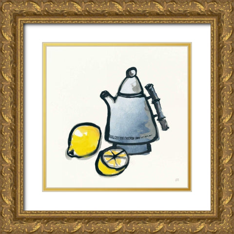 Tea and Lemons Navy Gold Ornate Wood Framed Art Print with Double Matting by Paschke, Chris