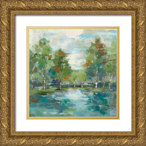 Forest at Dawn Turquoise Gold Ornate Wood Framed Art Print with Double Matting by Vassileva, Silvia