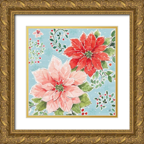 Country Poinsettias II Blue Gold Ornate Wood Framed Art Print with Double Matting by Brissonnet, Daphne