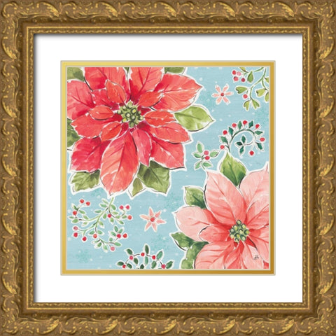 Country Poinsettias III Blue Gold Ornate Wood Framed Art Print with Double Matting by Brissonnet, Daphne