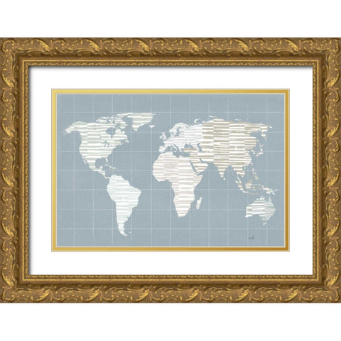 Calm World Map Grid Gold Ornate Wood Framed Art Print with Double Matting by Hershey, Moira