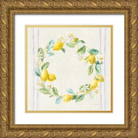 Floursack Lemons V Navy Gold Ornate Wood Framed Art Print with Double Matting by Nai, Danhui