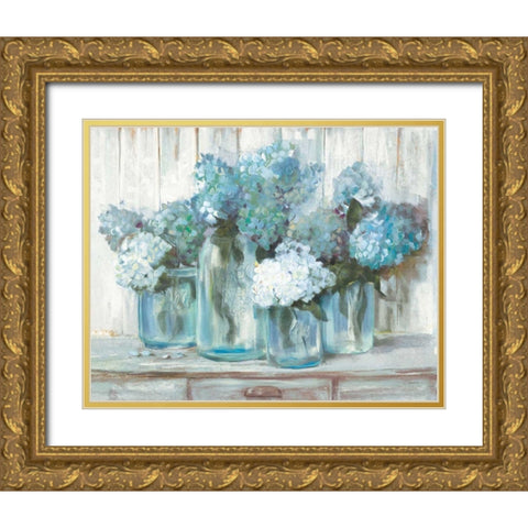 Hydrangeas in Glass Jars Blue Gold Ornate Wood Framed Art Print with Double Matting by Rowan, Carol