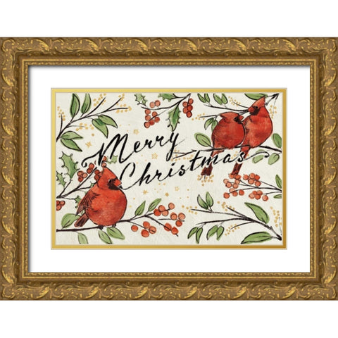 Christmas Lovebirds VIII Gold Ornate Wood Framed Art Print with Double Matting by Penner, Janelle