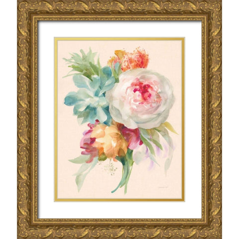 Garden Bouquet I on Peach Linen Gold Ornate Wood Framed Art Print with Double Matting by Nai, Danhui