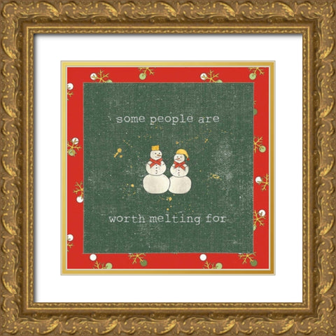 Christmas Cuties IV Dark Green Gold Ornate Wood Framed Art Print with Double Matting by Pela Studio