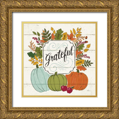 Thankful II White Leaves Gold Ornate Wood Framed Art Print with Double Matting by Penner, Janelle