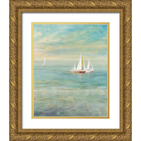 Sunrise Sailboats II Nautical Gold Ornate Wood Framed Art Print with Double Matting by Nai, Danhui