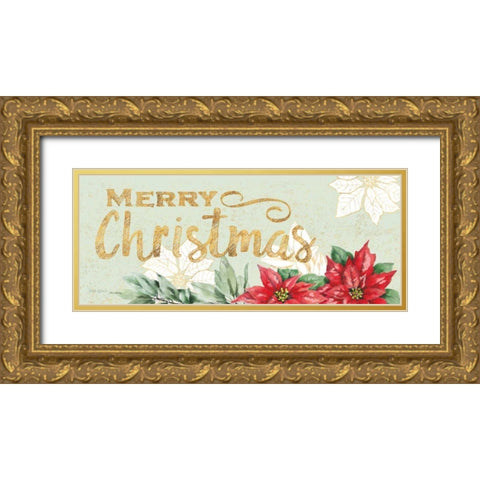Watercolor Poinsettia Merry Christmas Gold Ornate Wood Framed Art Print with Double Matting by Grove, Beth