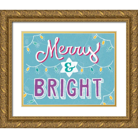 Merry and Bright Aqua Gold Ornate Wood Framed Art Print with Double Matting by Urban, Mary