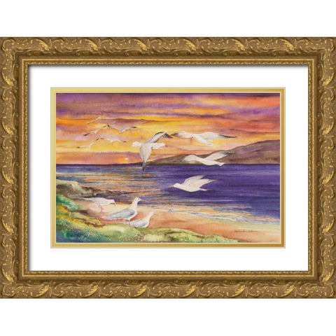 Seagull Sunset Gold Ornate Wood Framed Art Print with Double Matting by McKenna, Kathleen Parr