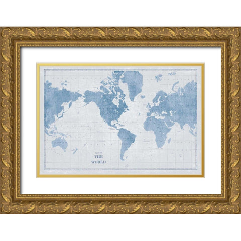 World Map White and Blue Gold Ornate Wood Framed Art Print with Double Matting by Schlabach, Sue